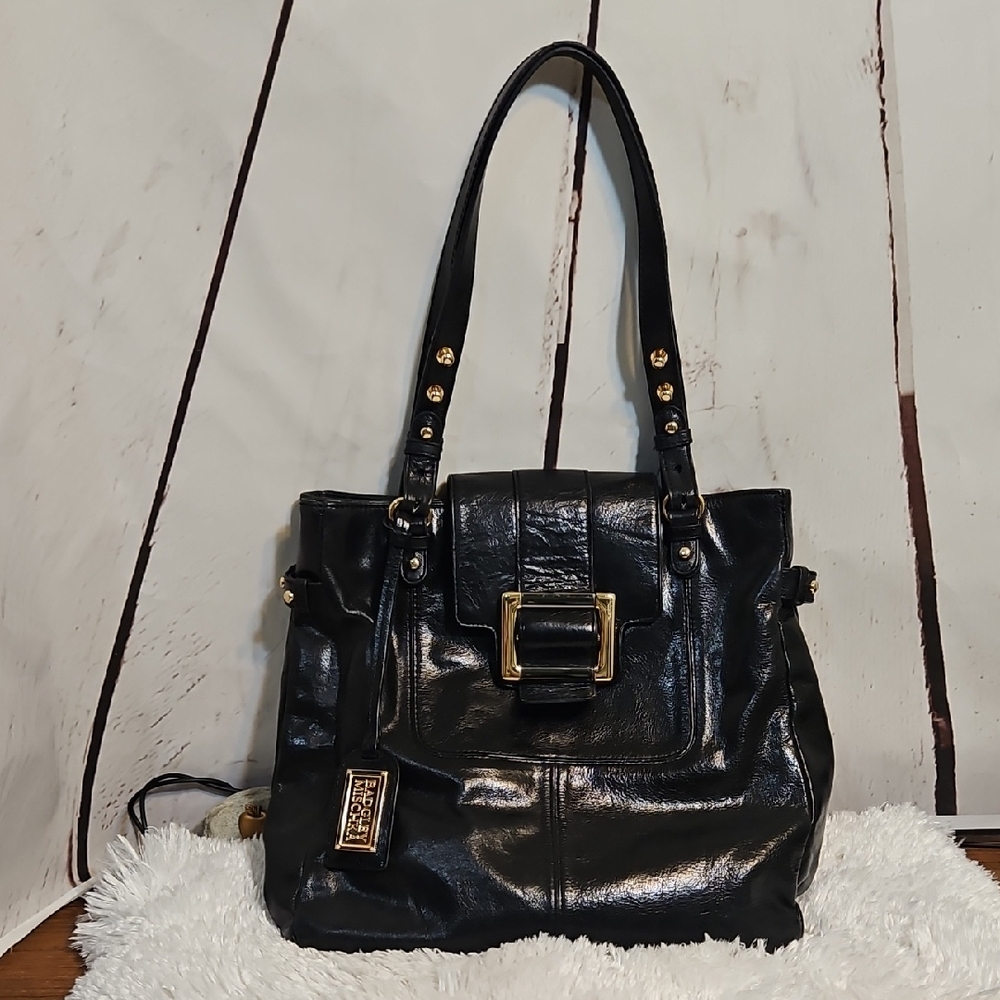 Badgley Mischka Black Patent Leather Tote Bag Gold Buckle Shoulder Bag